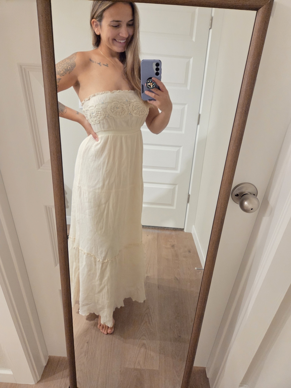 Free People Strapless Cream Maxi Dress with Lace Bodice